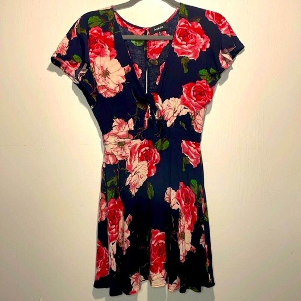 Anthropologie- Aakaa Black and Pink Floral Tie Front Mini Dress- Size Small